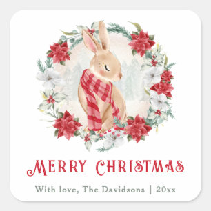 Adesivo Quadrado Bunny Poinsettia Watercolor Natal Simples