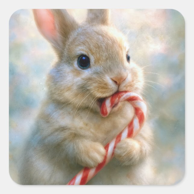 Adesivo Quadrado Bunny Rabbit Nibbling On a Candy Cane (Frente)