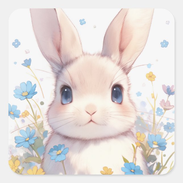 Adesivo Quadrado Bunny Rabbit with Blue Eyes and Spring Wildflowers (Frente)
