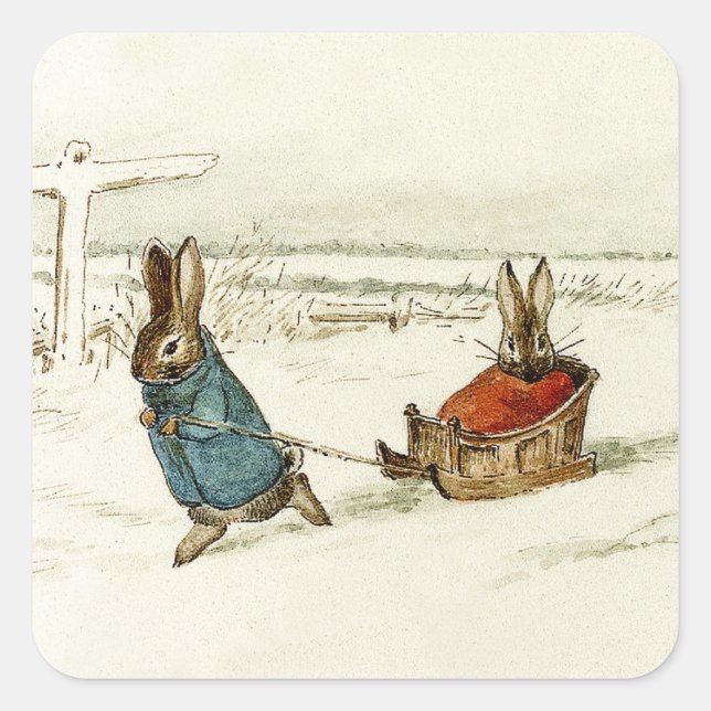Adesivo Quadrado “Bunny Sleigh Ride” by Beatrix Potter (Frente)
