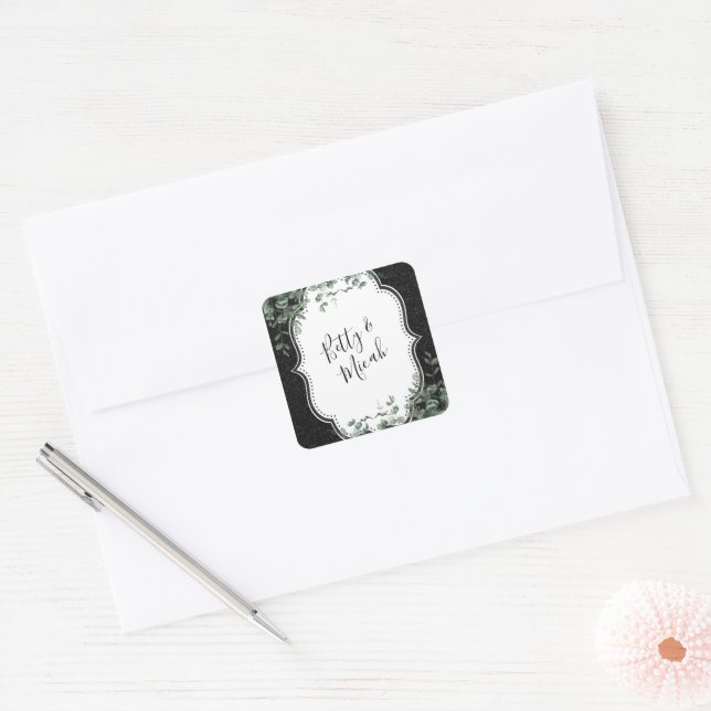 Adesivo Quadrado Buquê de Brilho Preto e Floral de Eucalipto (Envelope)