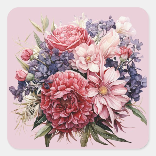 Adesivo Quadrado Buquê de Casamento Borgonha Rosa Púrpura (Frente)