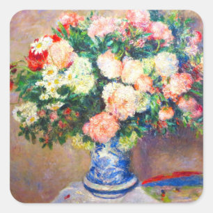 Adesivo Quadrado Buquê de crisântemos e um ventilador japonês