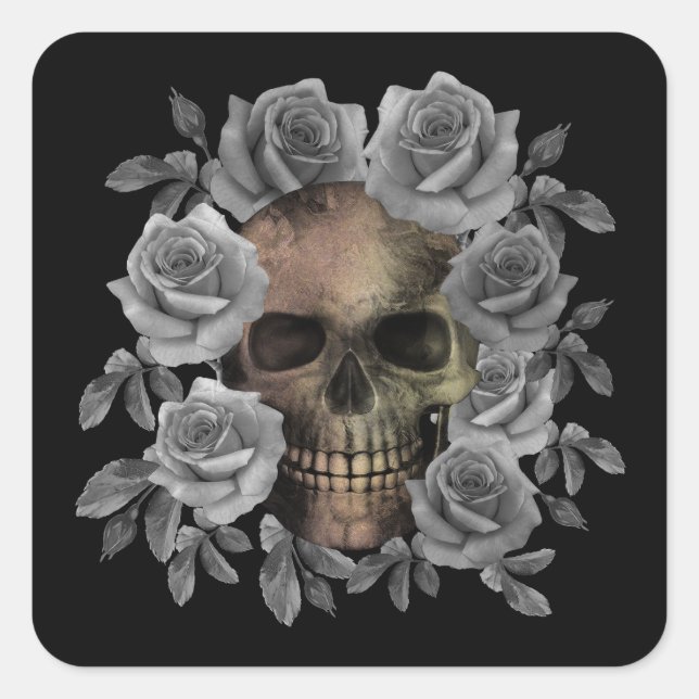 ADESIVO QUADRADO BUQUÊ DE FLORES CRÂNIO PRETO E BRANCO (Frente)