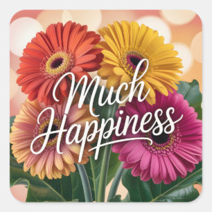 Adesivo Quadrado Buquê de Gerbera Daisy vibrante com "Muita Felicid