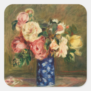 Adesivo Quadrado Buquê de Rosas Rosa Vintage Renoir em Vaso Azul Ar