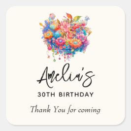 Adesivo Quadrado Buquê Flor Laranja e Azul Aniversário Obrigado