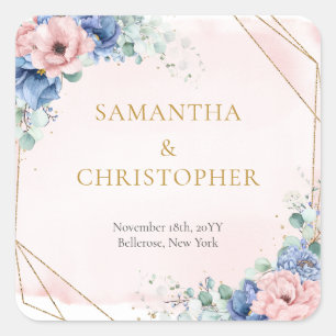 Adesivo Quadrado Buquê lavado com aquarelas, pincel e flores azuis