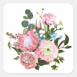 Adesivo Quadrado Buquê tropical com flores rosa.