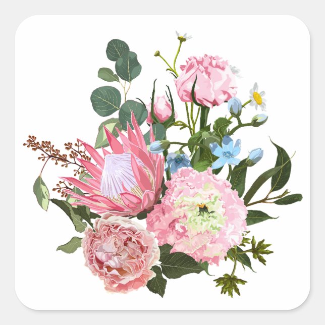 Adesivo Quadrado Buquê tropical com flores rosa. (Frente)