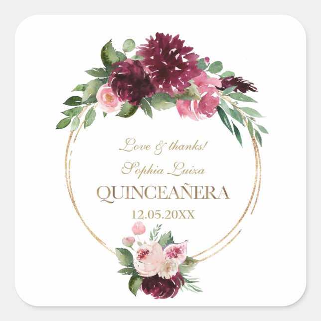 Adesivo Quadrado Burgundy Blush Floral Dourada Mis Quince Quinceañe (Frente)