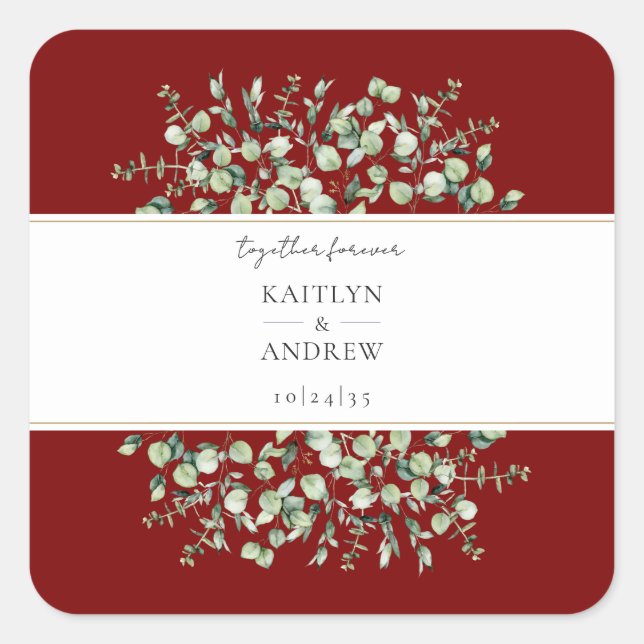 Adesivo Quadrado Burgundy Eucalyptus Together Forever Wedding  (Frente)