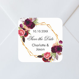 Adesivo Quadrado Burgundy florals casamento geométrico Salvar a Dat