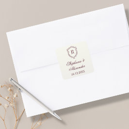 Adesivo Quadrado Burgundy & Ivory Monogram Crest Old Money Wedding