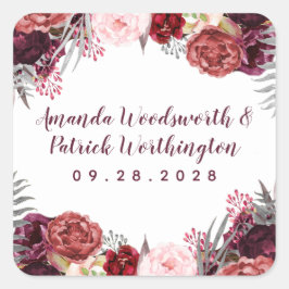 Adesivo Quadrado Burgundy Marsala Blush Pink Peony Casamento Favor