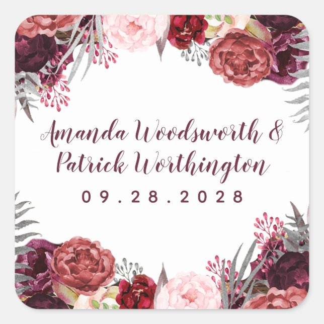 Adesivo Quadrado Burgundy Marsala Blush Pink Peony Casamento Favor (Frente)