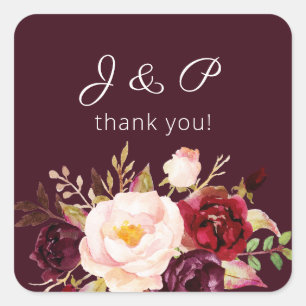 Adesivo Quadrado Burgundy Marsala e Blush Floral Monograma