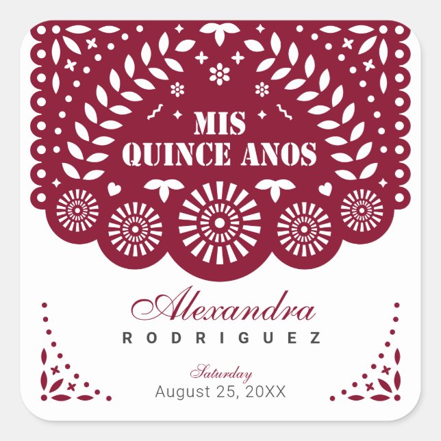 Adesivo Quadrado Burgundy Papel Picado Mis Quince Años (Frente)