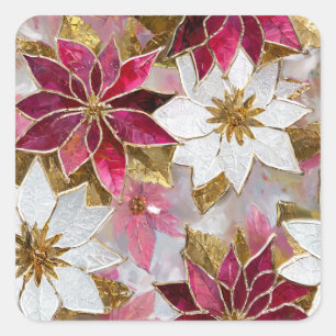 Adesivo Quadrado Burgundy Pink White Gold Poinsettias de Natal