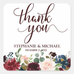 Adesivo Quadrado Burgundy Red Marinho Floral Boho Obrigado