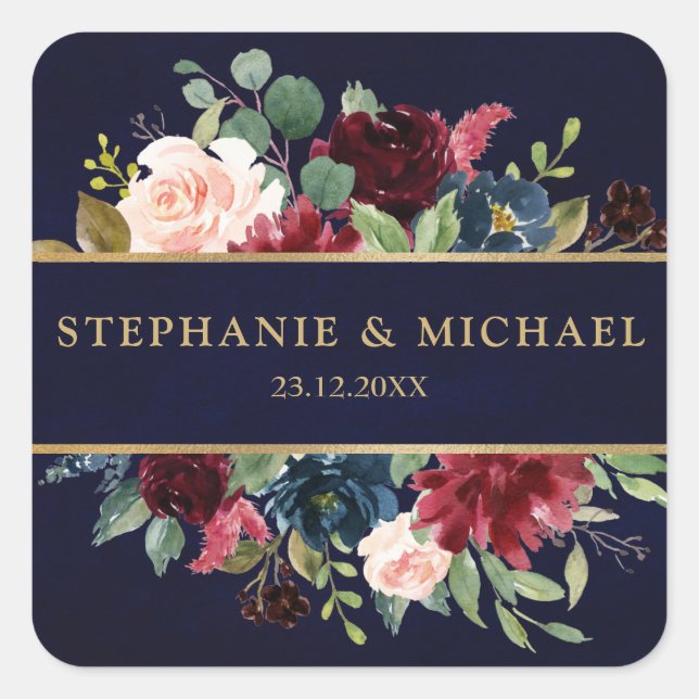 Adesivo Quadrado Burgundy Red Marinho Floral Boho Obrigado (Frente)