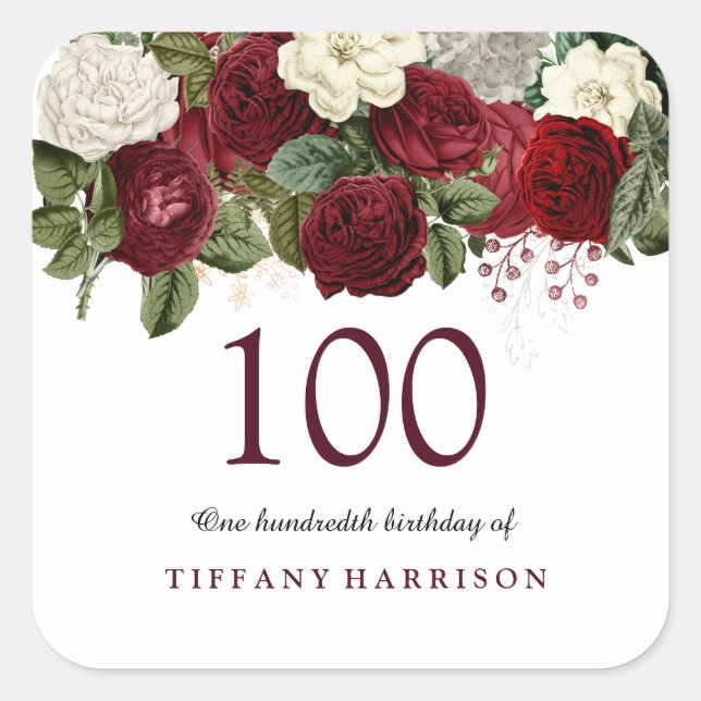 Adesivo Quadrado Burgundy Red White Rose 100th Birthday Sticker (Frente)
