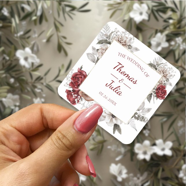 Adesivo Quadrado Burgundy & Silver, Casamento Floral Elegante (Elegant Floral Wedding Burgundy & Silver Square Sticker)