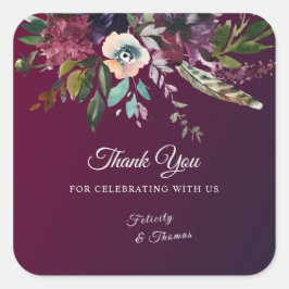 Adesivo Quadrado Burgundy Splendor Watercolor Floral Obrigado