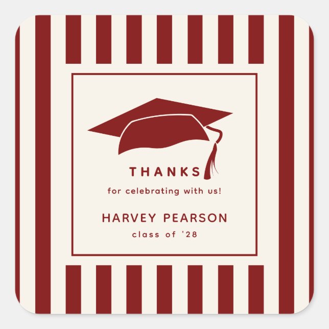 Adesivo Quadrado Burgundy Stripes Custom Graduation Party Thank You (Frente)