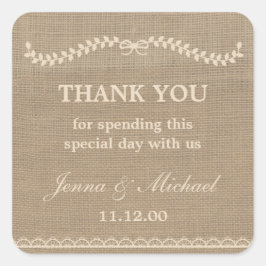 Adesivo Quadrado Burlap e Lace, obrigado de casamento...
