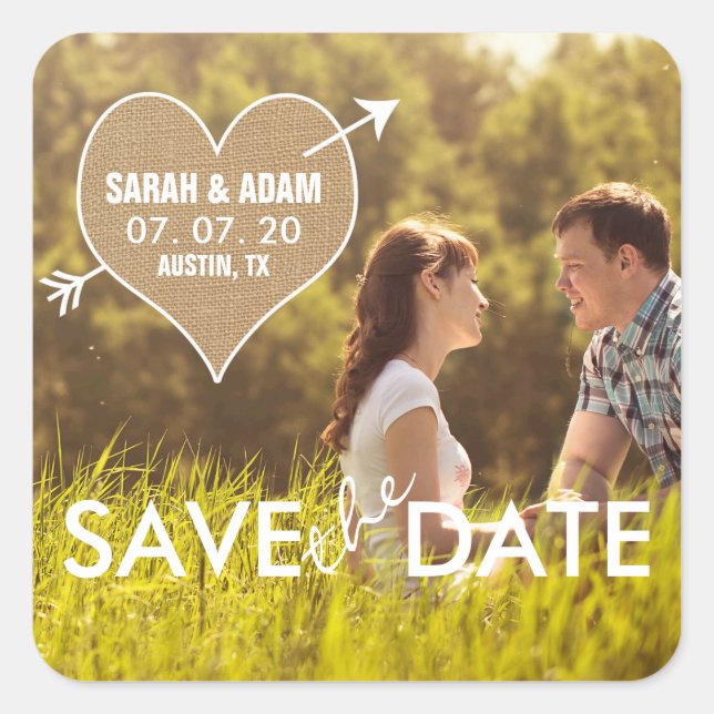 Adesivo Quadrado Burlap Heart | Rustic Save the Date Sticker (Frente)