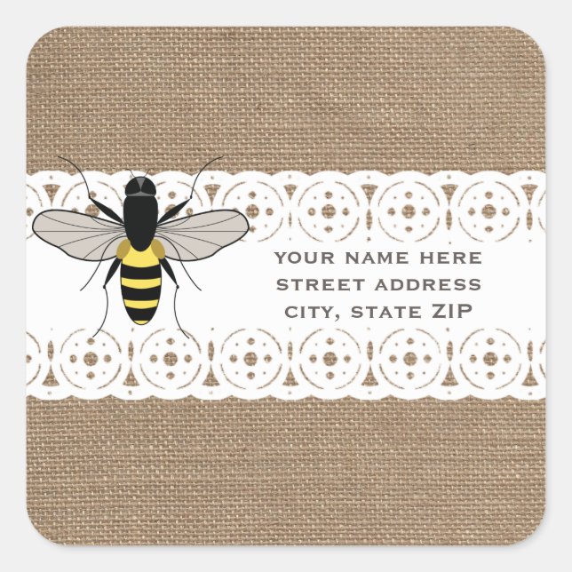 Adesivo Quadrado Burlap & Lace Inspirou Honey Bee Address (Frente)