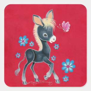 Adesivo Quadrado Burrinho Bebê Feminino Com Flores