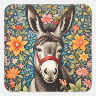 Adesivo Quadrado Burro Fofo em Fundo Floral Colorido