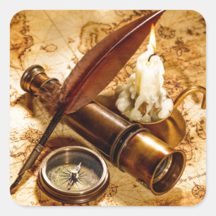 Adesivo Quadrado bússola antiquada do telescópio náutico steampunk