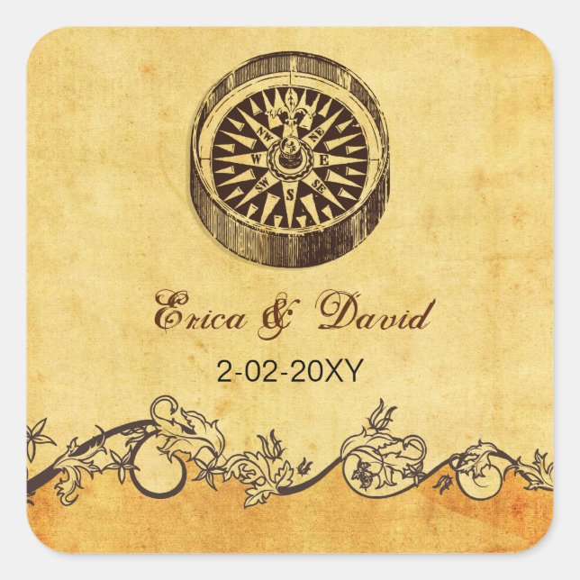 Adesivo Quadrado bússola rustic emblemes náuticos de casamento (Frente)