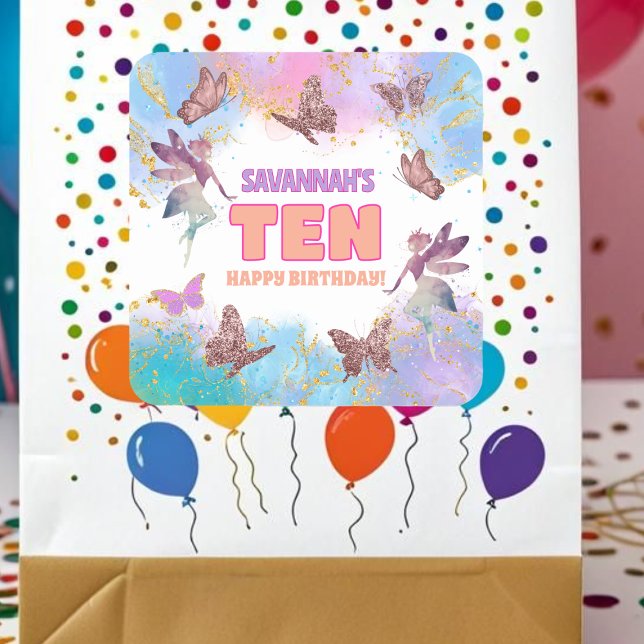 Adesivo Quadrado Butterflies Fairy Gold Glitter 10th Birthday Party (Criador carregado)