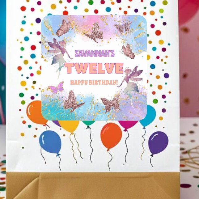 Adesivo Quadrado Butterflies Fairy Gold Glitter 12th Birthday Party (Criador carregado)