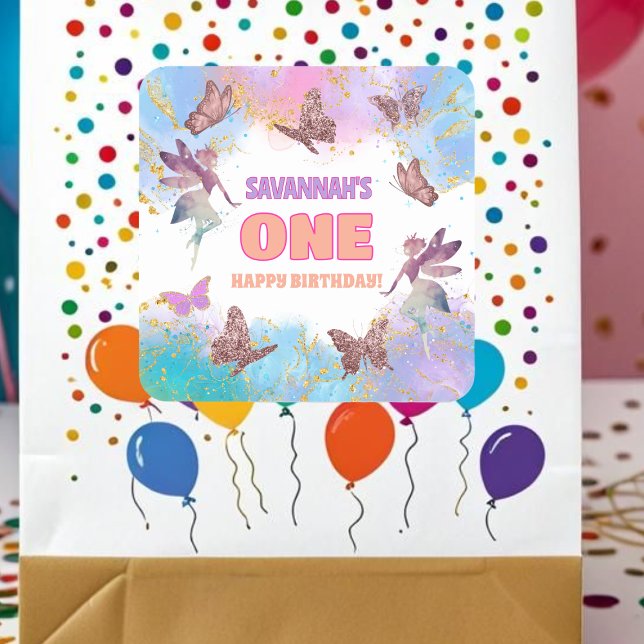 Adesivo Quadrado Butterflies Fairy Gold Glitter 1st Birthday Party (Criador carregado)