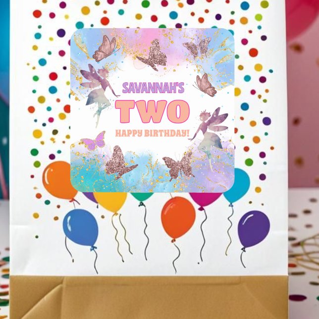 Adesivo Quadrado Butterflies Fairy Gold Glitter 2nd Birthday Party (Criador carregado)