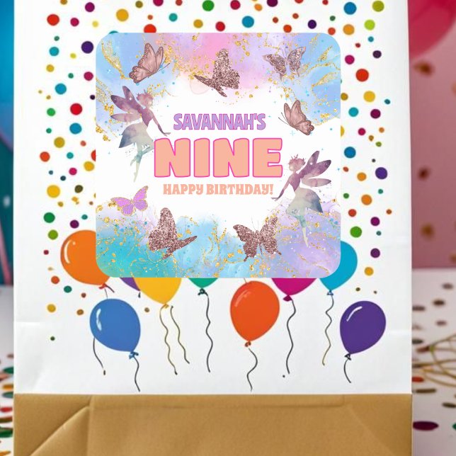 Adesivo Quadrado Butterflies Fairy Gold Glitter 9th Birthday Party (Criador carregado)