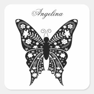 Adesivo Quadrado Butterfly Artsy Elegante Black and White Name