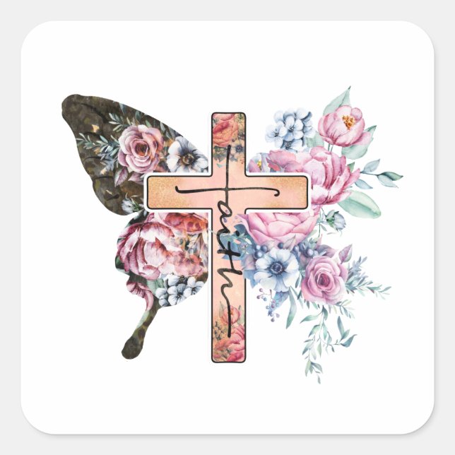 Adesivo Quadrado Butterfly Cross Faith floral (Frente)