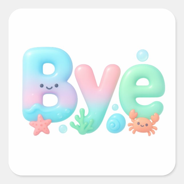 Adesivo Quadrado Bye Glossy Pastel Ocean Text (Frente)