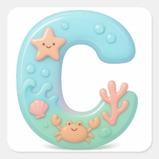 Adesivo Quadrado "C" Cute Bubble Letter - Underwater Sea Creature A