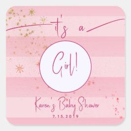 Adesivo Quadrado Cabana Rosa Moderna Strips e Estrelas Douradas Gar