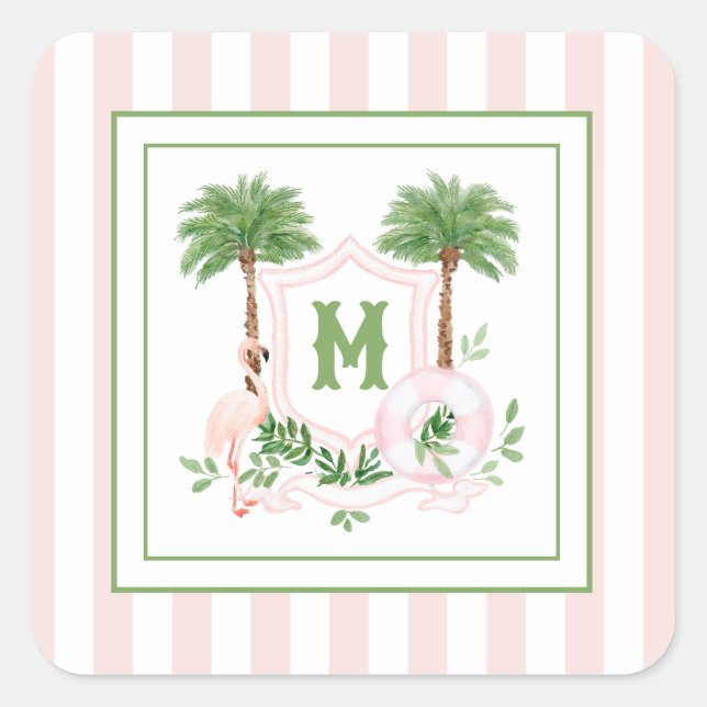 Adesivo Quadrado Cabana Stripes Palm Beach Monogram Crest (Frente)