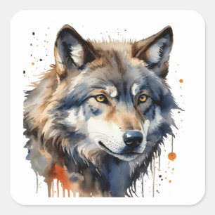 Adesivo Quadrado Cabeça de Lobo em Aquarela Arte da Natureza Animal