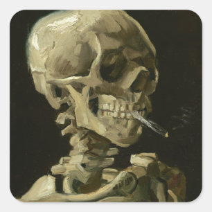 Adesivo Quadrado Cabeça de um esqueleto com um cigarro ardente