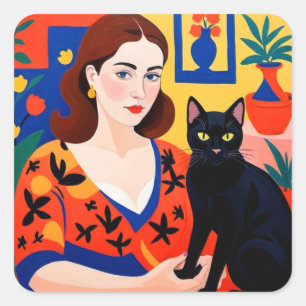 Adesivo Quadrado Cabeça Vermelha e Gato Negro